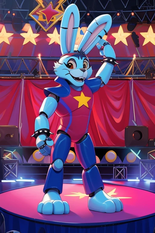 <lora:glambon-06:1> glambon, robot, ,, rabbit ears, furry, solo, star (symbol), jewelry, spiked bracelet, fingerless gloves, headband, blue skin, red swimsuit, navy shoulder pads, blue fur, extremely detailed background, 8k, fire play, at circus, main stage, standing on stage, dancing, holding microphone