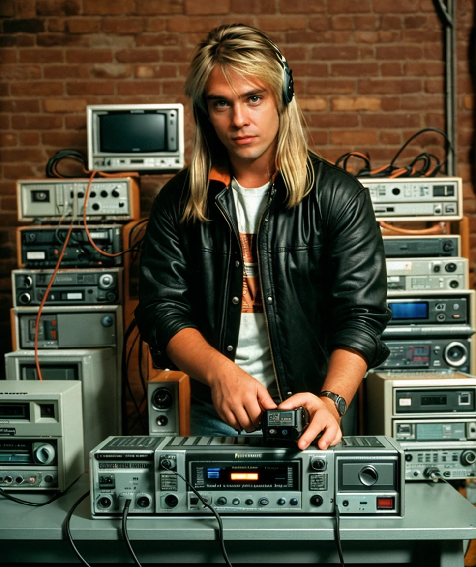 cinematic photo  <lora:quiron_AndiDeris_v3350_Lora:0.77> andiDerisQuiron, solo, realistic, long hair, blonde hair,    1boy,  80s style radio shack, Gadgets, electronics, and rows of radio equipment, . 35mm photograph, film, bokeh, professional, 4k, highly detailed