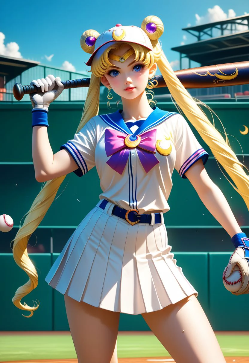 EnD_Niji_Sports, source_anime, Sailor Moon playing baseball, blonde hair, twin tails, tiara, crescent moon, baseball cap, sportswear, white sports skirt, baseball bat, baseball, baseball uniform, holding baseball bat, BREAK PonyXLV6_Scores