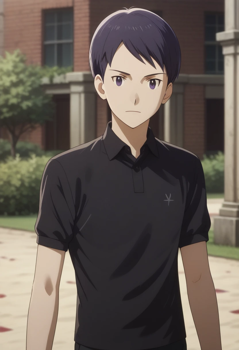 score_9, score_8_up, score_7_up, score_6_up, highly detailed, masterpiece, best quality,detailed,intricate details, amazing quality, best aesthetic, absurdres,source_anime,
 ken ichijouji, dark blue hair, purple eyes, 1boy, male focus, solo, polo shirt,, black shirt<lora:EMS-398504-EMS:1.000000>, <lora:EMS-373804-EMS:1.000000>