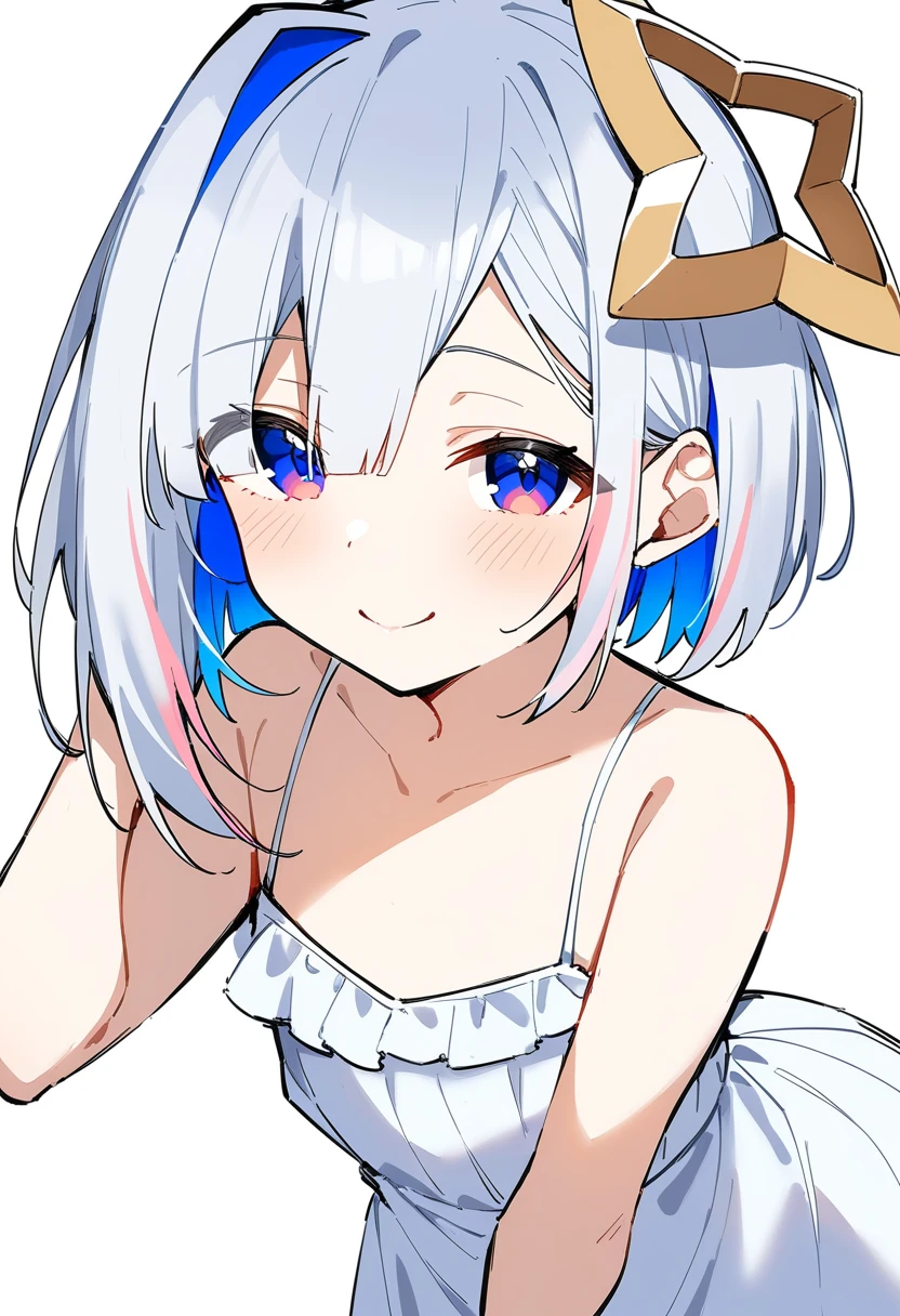 1girl, amane kanata, lineart, sketch,
short hair, silver hair, halo, blue eyes, seductive smile, flat chest, white dress,
white background,
masterpiece, best quality, very aesthetic, absurdres,