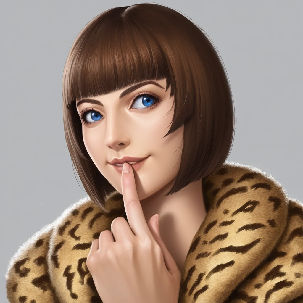 anna williams, anna williams \(tekken\), 1girl, solo, smile, short hair, bangs, blue eyes, simple background, brown hair, long sleeves, blunt bangs, grey background, lips, coat, looking to the side, animal print, finger to mouth, realistic, fur coat