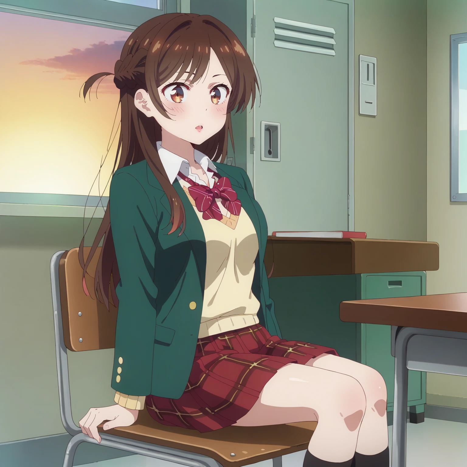 <lora:ChizuruIchinoseXLpony001>,
parted lips,
solo,
ChizuruIchinose,1girl,brown hair,long hair,french braid,brown eyes,
school uniform,green jacket,yellow sweater,bowtie,
plaid skirt,red skirt,
black socks,
indoors,chair,desk,locker,window_,sunset,
sitting,