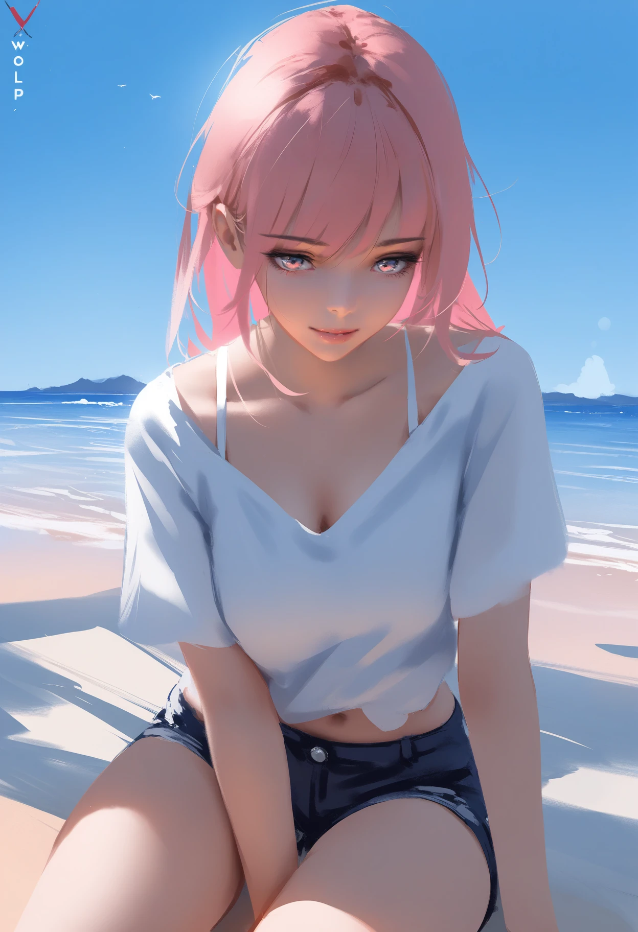 1girl, solo, wlop,
pink hair, gradient eyes, white shirt, short shorts, seductive smile,
beach, blue sky,
masterpiece, best quality,