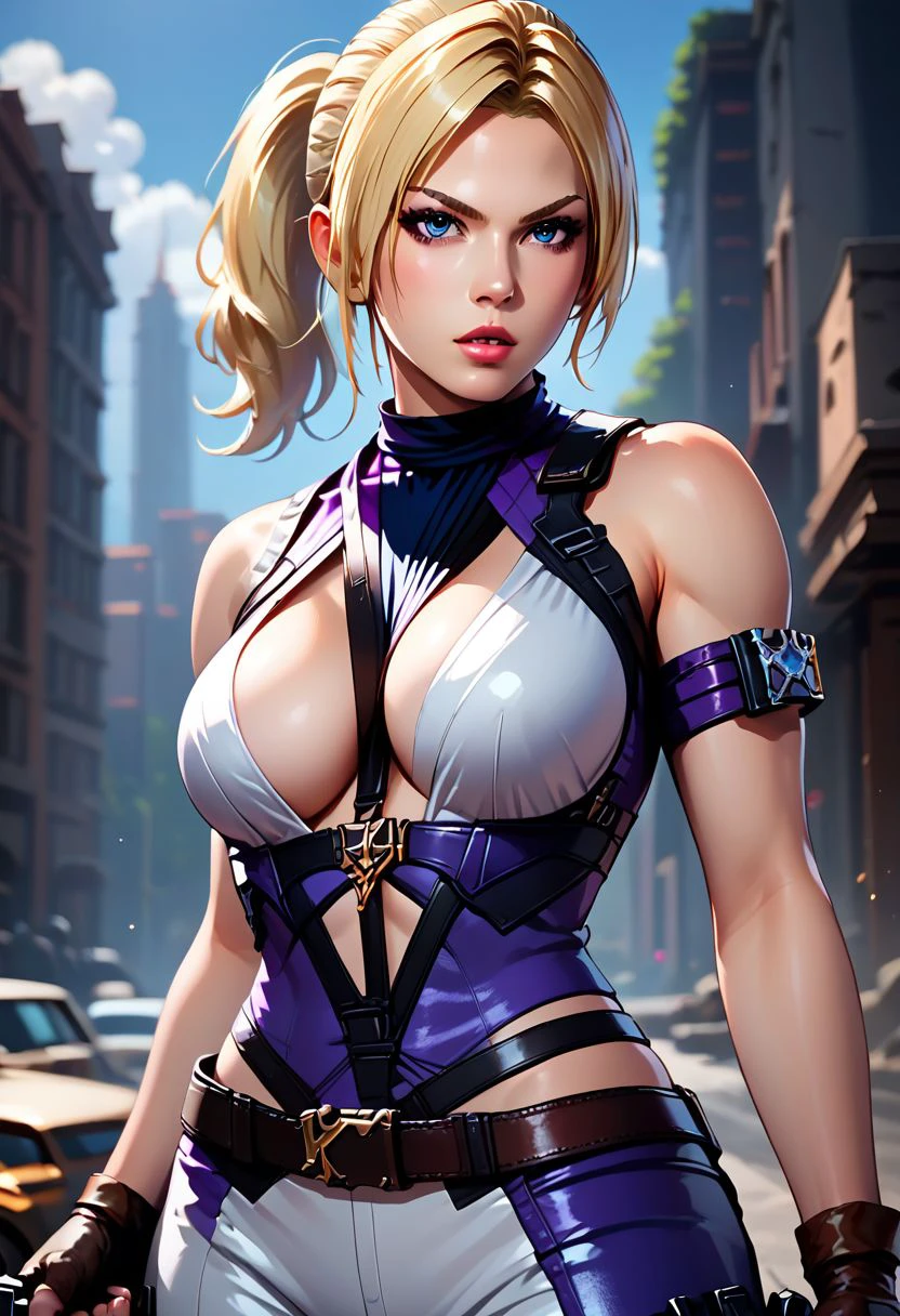 score_9, score_8_up, score_7_up,derpibooru_p_95, 
source_anime, very aesthetic, anime screencap, anime coloring, 
williams, williams \(tekken\),williams regular \(tekken\), 1girl, solo, long hair, breasts, looking at viewer, blue eyes, blonde hair, large breasts, gloves, holding, cleavage, bare shoulders, ponytail, weapon, parted lips, belt, pants, fingerless gloves, holding weapon, blurry, gun, blurry background, between breasts, holding gun, handgun, realistic, holster