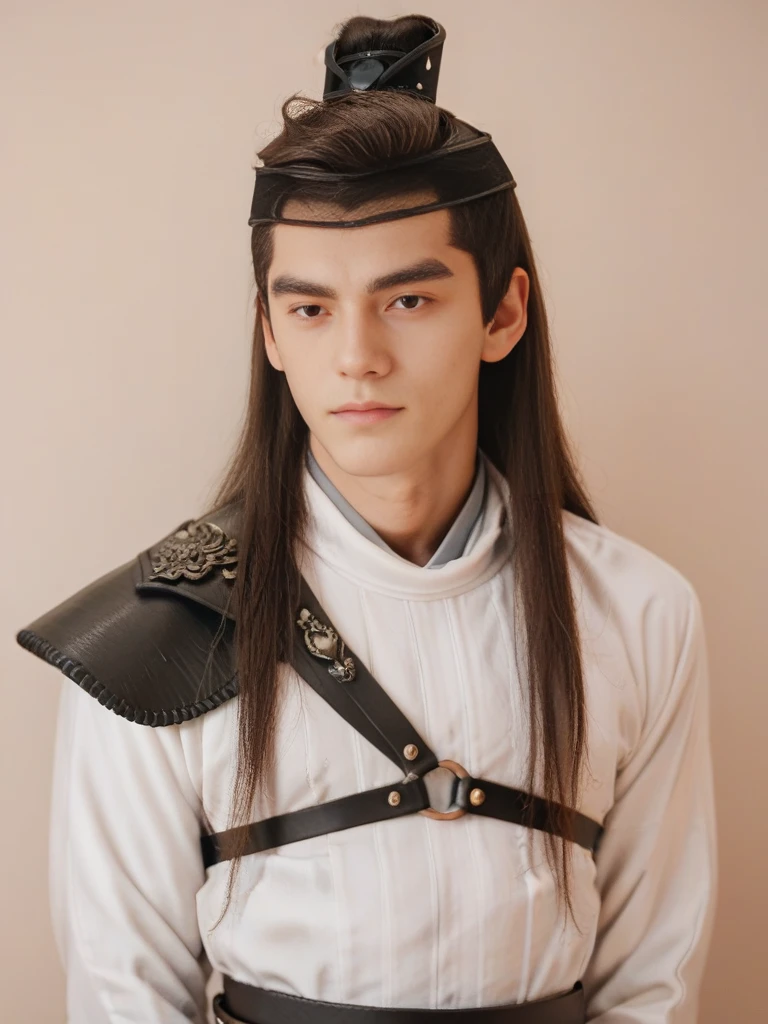 score_9, score_8_up, score_7_up, score_6_up, score_5_up, score_4_up,  1boy, portrait, male focus, yulexuanblk, straigth on, looking at viewer, bangs, topknot, hair bun, simple background, hanfu, long hair, brown hair, hair ornament, vambraces,  leather strap, leather belt, pauldrons, toned,  <lora:yulexuanblkponyv2:0.75>