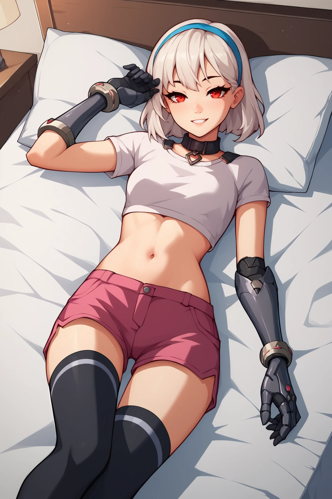 score_9, score_8_up, score_7_up, score_6_up, score_5_up, score_4_up, LexaFEXL, red eyes, white hair, short hair, blue hairband, bangs, black collar, mechanical arms, small breasts, white crop top, short sleeves, navel, (pink shorts), black thighhighs, solo, lying on bed, seductive smile, looking at viewer, indoors <lora:LexaFEXL:0.9>