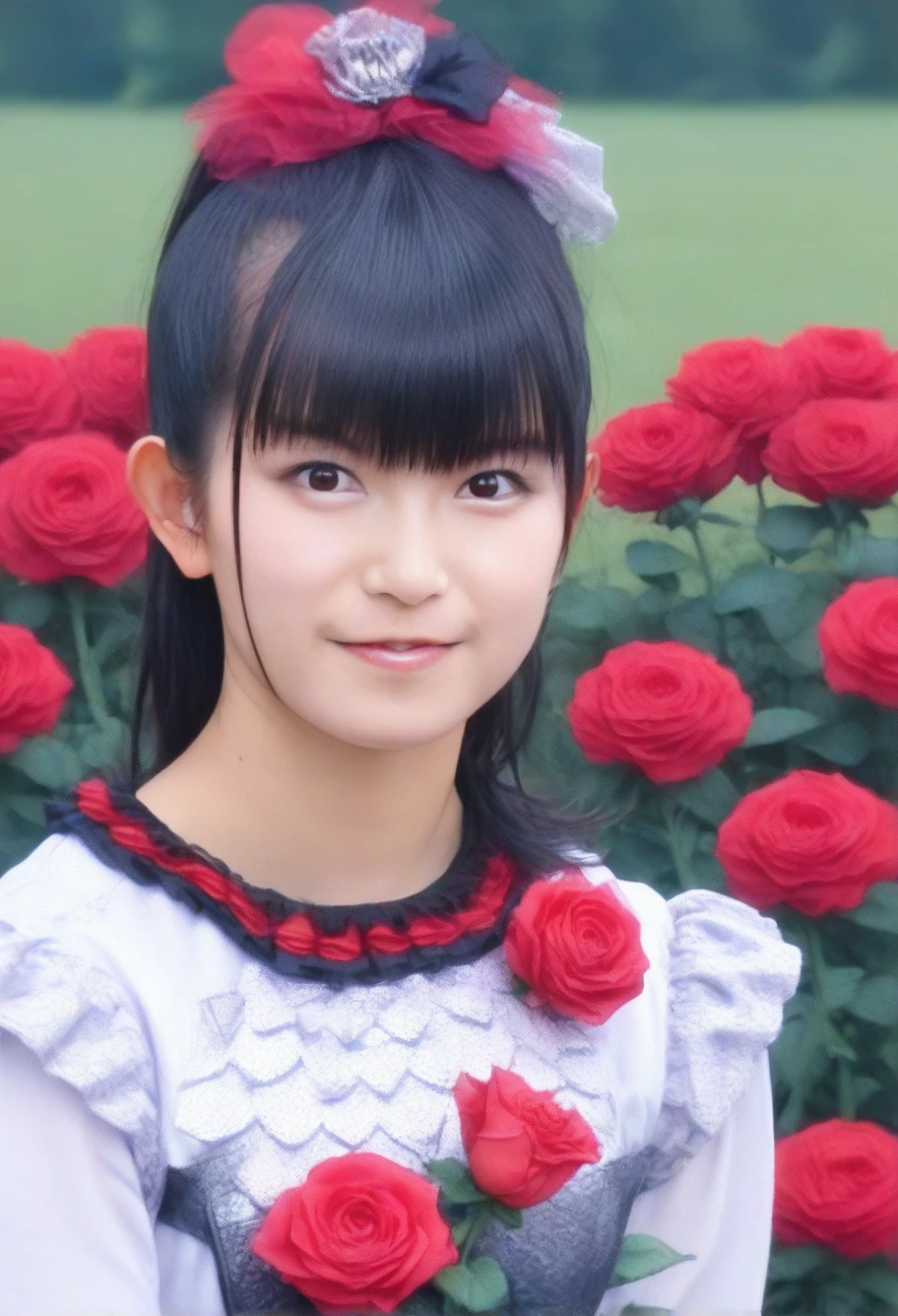 score_9,score_8_up,score_7_up,1girl, black hair, bangs, detailed face, looking at viewer,suzukaPNY,(smile:0.5),outdoors,red rose, wearing a white shirt,field, <lora:suzukaPNY:1> intrincated details