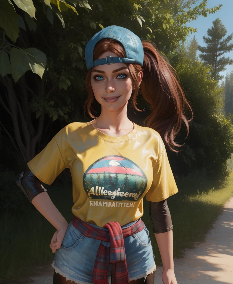 hollyb4b,blue eyes,brown hair,ponytail,
backwards cap,yellow shirt,elbow pads,clothes around waist,shorts,pantyhose,
standing, 
light smile,
camp,outdoors,
(insanely detailed,  masterpiece, best quality),solo,<lora:hollyB4B:0.8>,