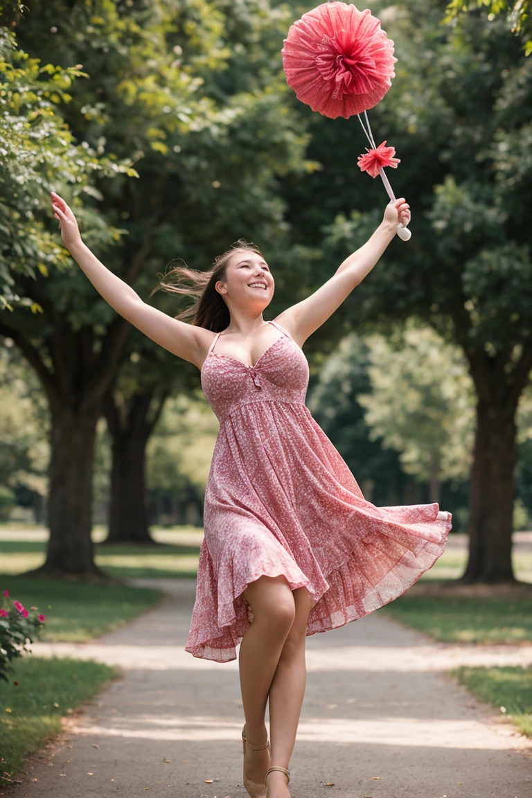 best quality, a telegenic young girl 18yo Twirling with dress flying up, large breasts, shot by Sony a7 IV Mirrorless Camera, summer day