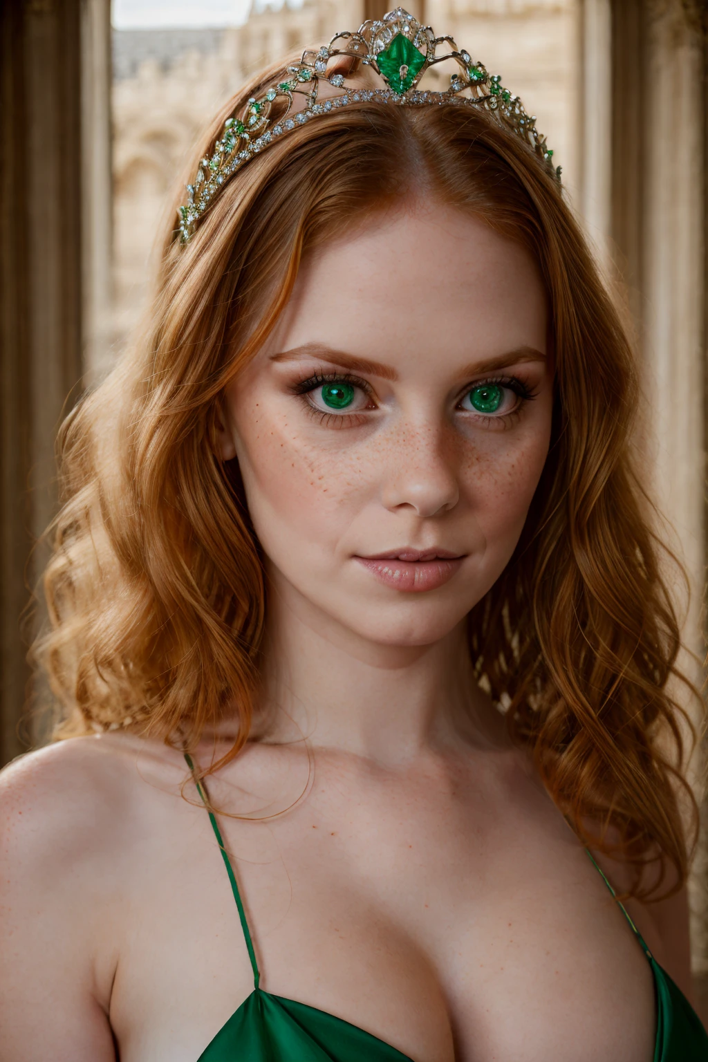 cinematic RAW photo, professional, 4k, highly detailed, masterpiece, beautiful woman, pretty eyes, cinematic lighting, cute, (closeup shot),
long wavy & curly ginger hair, green eyes, freckles, busty body, pale skin, indoor castle background, (((princess gown, tiara, emerald jewelry))),
<lora:Gingerella:0.7>