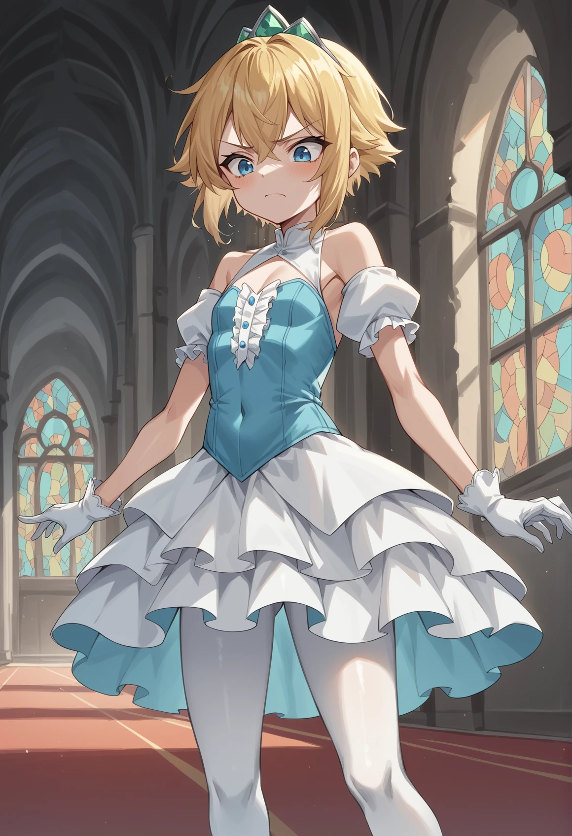 1girl, flat chest, blonde hair, short hair, blue eyes, tiara, tutu, white pantyhose, standing, indoors, castle, frills, looking down, disgust, miniskirt, gloves <lora:Little_Princess_Guardian_tales:1>, score_9, score_8_up, score_7_up, score_6_up, score_5_up, score_4_up, BREAK source_anime, masterpiece