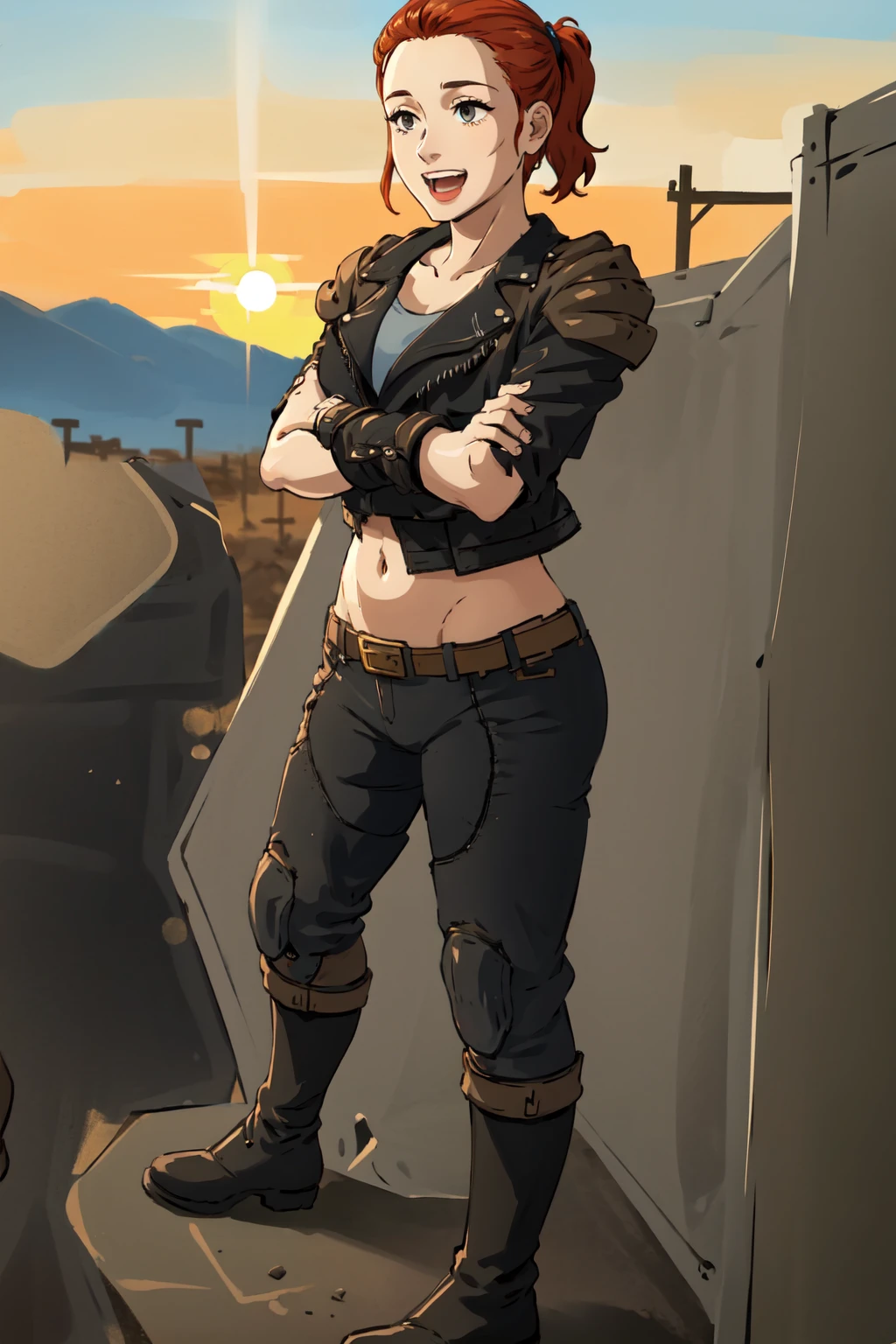 masterpiece,best quality,absurdres,1girl,sunnysmilesfnv, <lora:Sunnysmilesfnv:0.85>,standing,crossed arms,full body,leather jacket,pants,armor,happy,:d,boots,outdoors,in desert,sunset, fcPortrait,solo,midriff