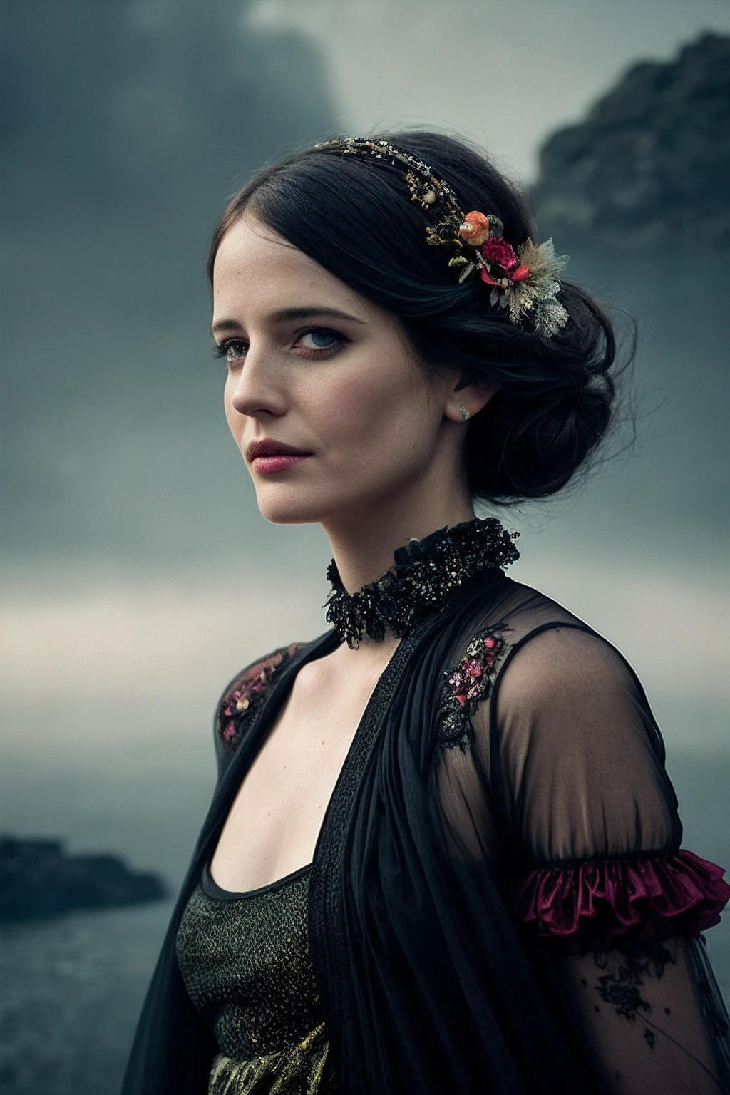 EvaG_SoloTI_v1,
(In a patchwork dress made from various fabrics, with mismatched accessories and bold makeup, for an eclectic and chaotic look), ((A surreal landscape, with floating islands and swirling colors, an atmosphere of whimsy and unpredictability)), (seductive:1.3),(analog, cinematic, film grain, hazy atmosphere, cinematic shot:1.3),
<lora:add_detail:0.6>, PA7_Portrait-MCU,