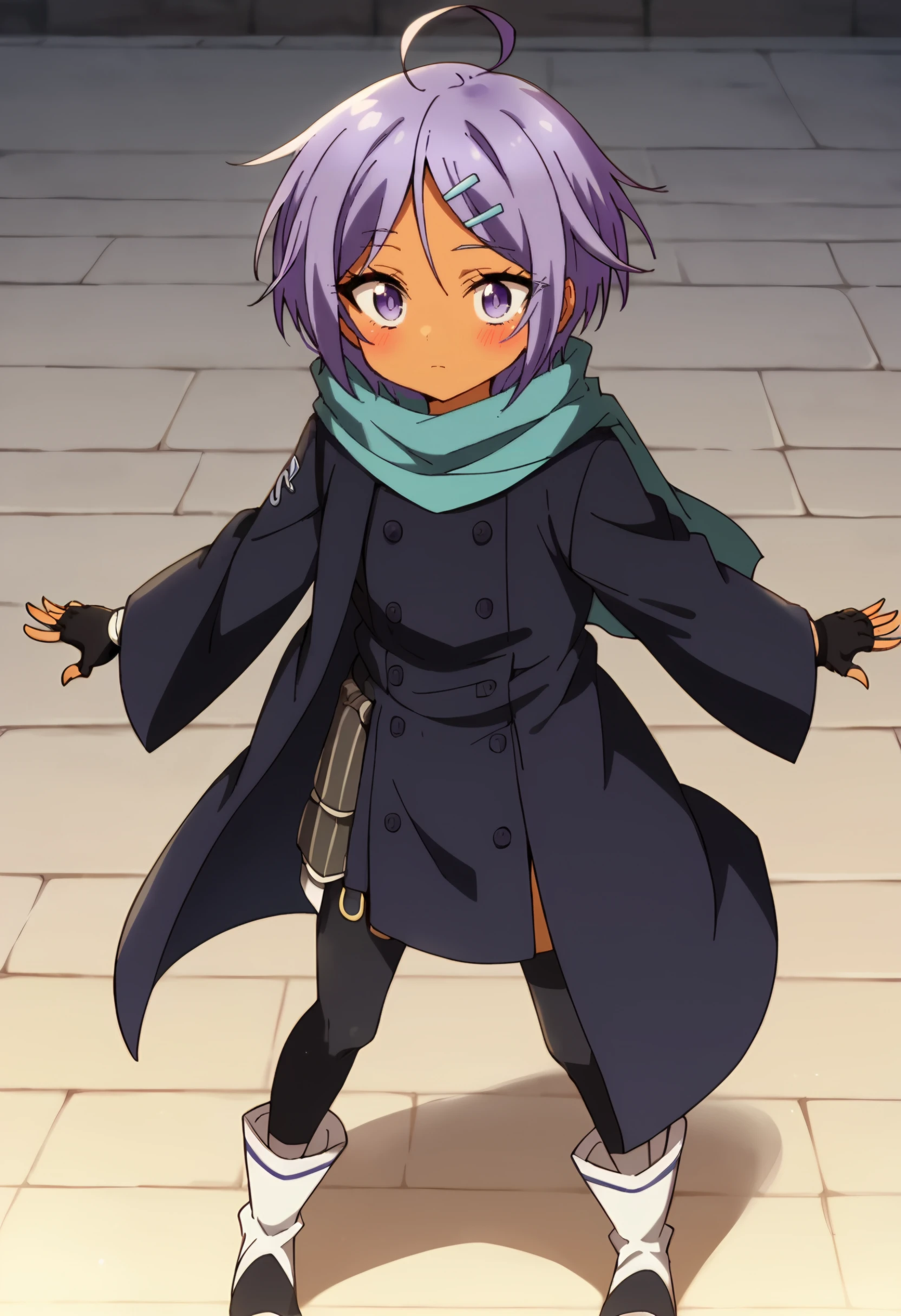 ren, short hair, 1girl, purple hair, solo, dark skin, hair ornament, hairclip, purple eyes, ahoge,   scarf,black long coat, fingerless gloves, boots, looking at viewer, standing, black gloves, blush, <lora:Ren:0.9>, score_9, score_7_up,anime coloring ,source_anime, anime