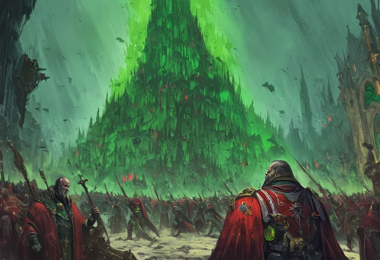 A digital painting of a hive city from Warhammer 40k. The image shows a massive, gothic structure with flying assresses and stained glass windows. The city is lit by a green glow, and there are several people in the foreground, including a group of tech-priests and a priest. The people are all wearing red robes and carrying weapons, and they look like they are ready for battle. By Alvaro Jiménez.
painterly \(style\), expressive brushstrokes, textured, gritty, atmospheric, grimdark, concept art, dynamic composition, impasto, distressed, layered, vivid colors, extremely detailed,
 <lora:Hive-City:1>