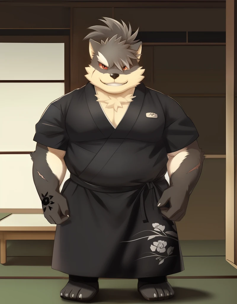 (((detailed eyes, detailed face))), (furry, shino  <lora:character_shino_findigo_v1:0.9>, two-tone fur, ponytail, dog boy, snout, black eyes, scar, tattoo, red sclera:1.8), male, (solo), (plump, fat, chubby, overweight), ((black kimono:1.8, black apron, floral print), sleeves rolled up), standing, (arms behind back), smile, (front view) BREAK (konzaburou, ukan_muri), bedroom, (flat shading, high brightness), 8k, UHD, masterpiece, (full body), (scar on face, scar on cheek, scar on chest, scar on arm, scar on nose)