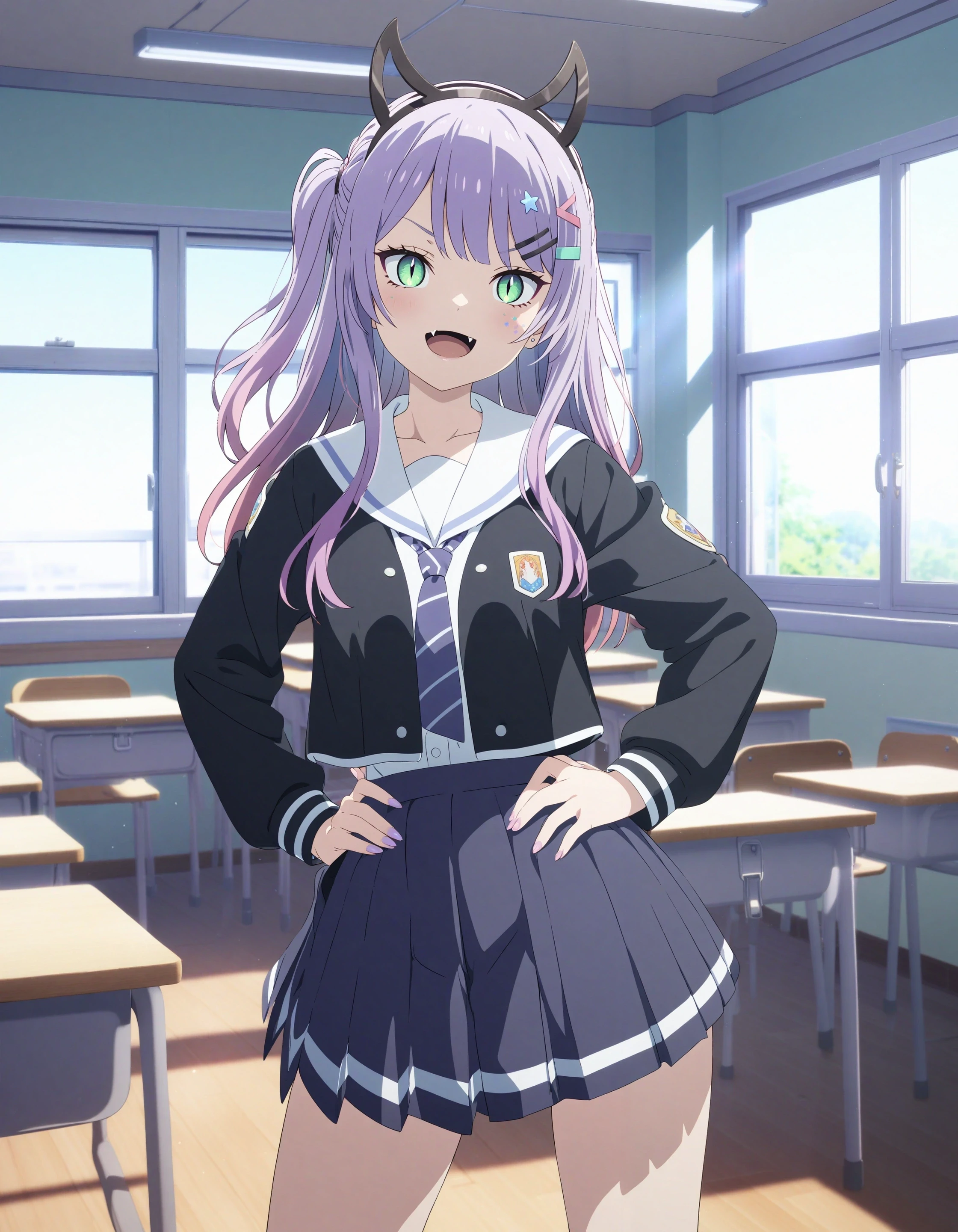 1girl, sata nakia, sousou no frieren, key visual,
slit pupils, :d, fang,
hairclip, star hair ornament, fake horns, black horns,
school uniform, pleated skirt,
hand on own hip, contrapposto,
indoors, classroom, window, sunlight
<lora:char_sata_nakia-rls:1>