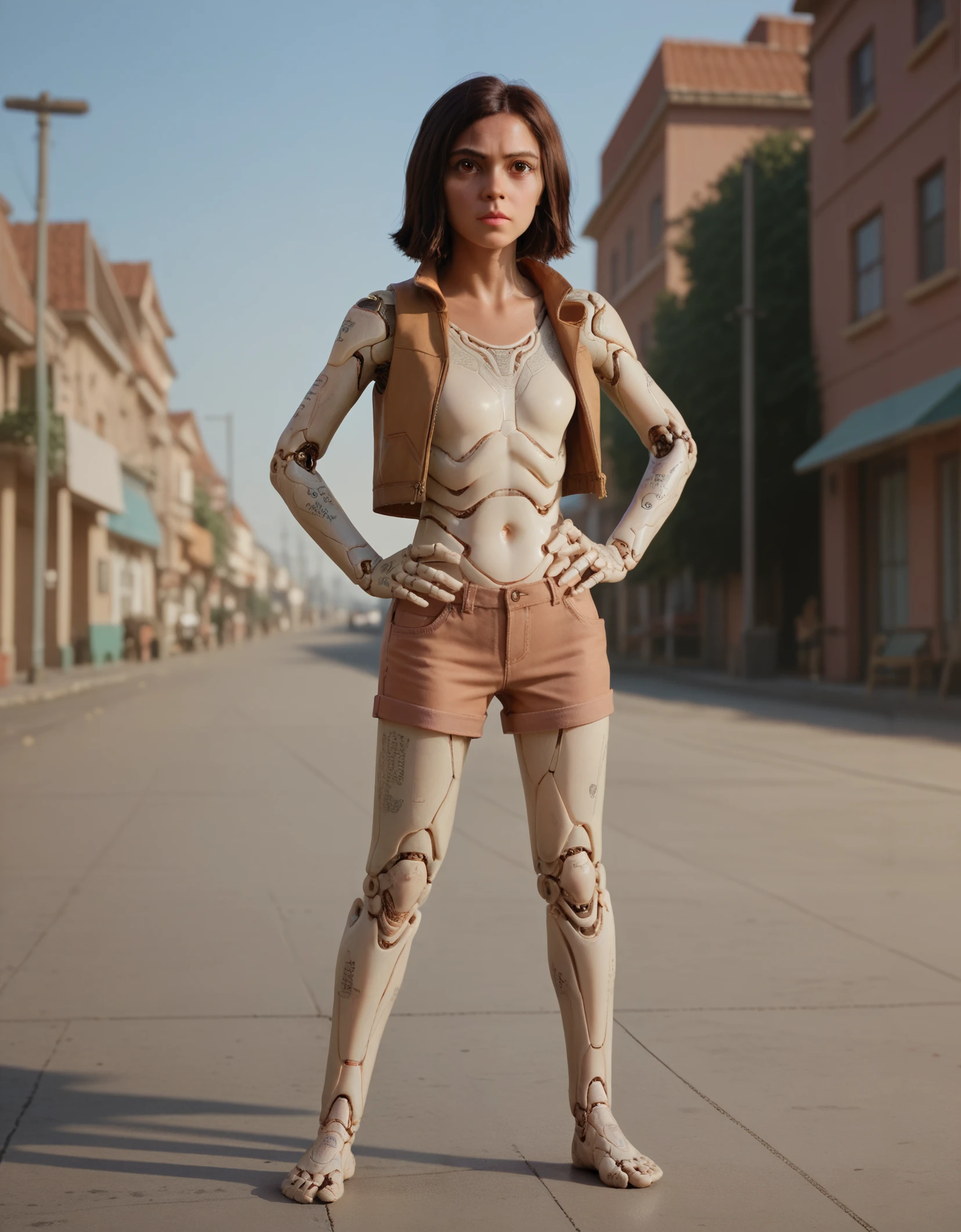 <lora:Alita:0.7> alita, cyborg, doll body, full body image, brown eyes, hyper detailed, 1girl, solo, outdoors, shorts, sleeveless jacket, hands on hips, posing
sharp focus, score_9, score_8_up, score_7_up, score_6_up, score_5_up, score_4_up