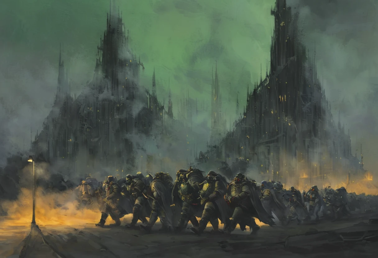 A digital painting of a hive city from Warhammer 40k. The city is dark and gloomy, with tall buildings and factories belching smoke into the air. The sky is a dark grey, and the only light comes from the occasional street lamp or the glow of a fire. In the foreground, a group of Imperial citizens are walking through the streets. They are all wearing heavy coats and hats to protect them from the cold weather. The people are all different shapes and sizes, and they are all carrying different things. Some of them are carrying bags of groceries, while others are carrying tools or weapons. The group is walking quickly, and they look like they are in a hurry. In the background, a large factory is belching smoke into the air. The factory is surrounded by tall buildings, and it looks like it is part of a larger complex. By Wesley Gardner.
 <lora:Hive-City:1>