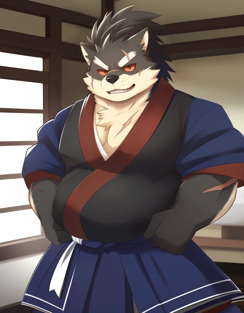 (((detailed eyes, detailed face))), (furry, shino  <lora:character_shino_findigo_v1:0.9>, two-tone fur, ponytail, dog boy, snout, black eyes, scar, tattoo, red sclera), male, (solo), (plump, fat, chubby, overweight), ((blue kimono:1.8, brown jacket), samurai, armor), standing, (arms behind back), smile, (front view) BREAK (konzaburou, ukan_muri), bedroom, (flat shading, high brightness), 8k, UHD, masterpiece, (full body), (scar on face, scar on cheek, scar on chest, scar on arm, scar on nose)