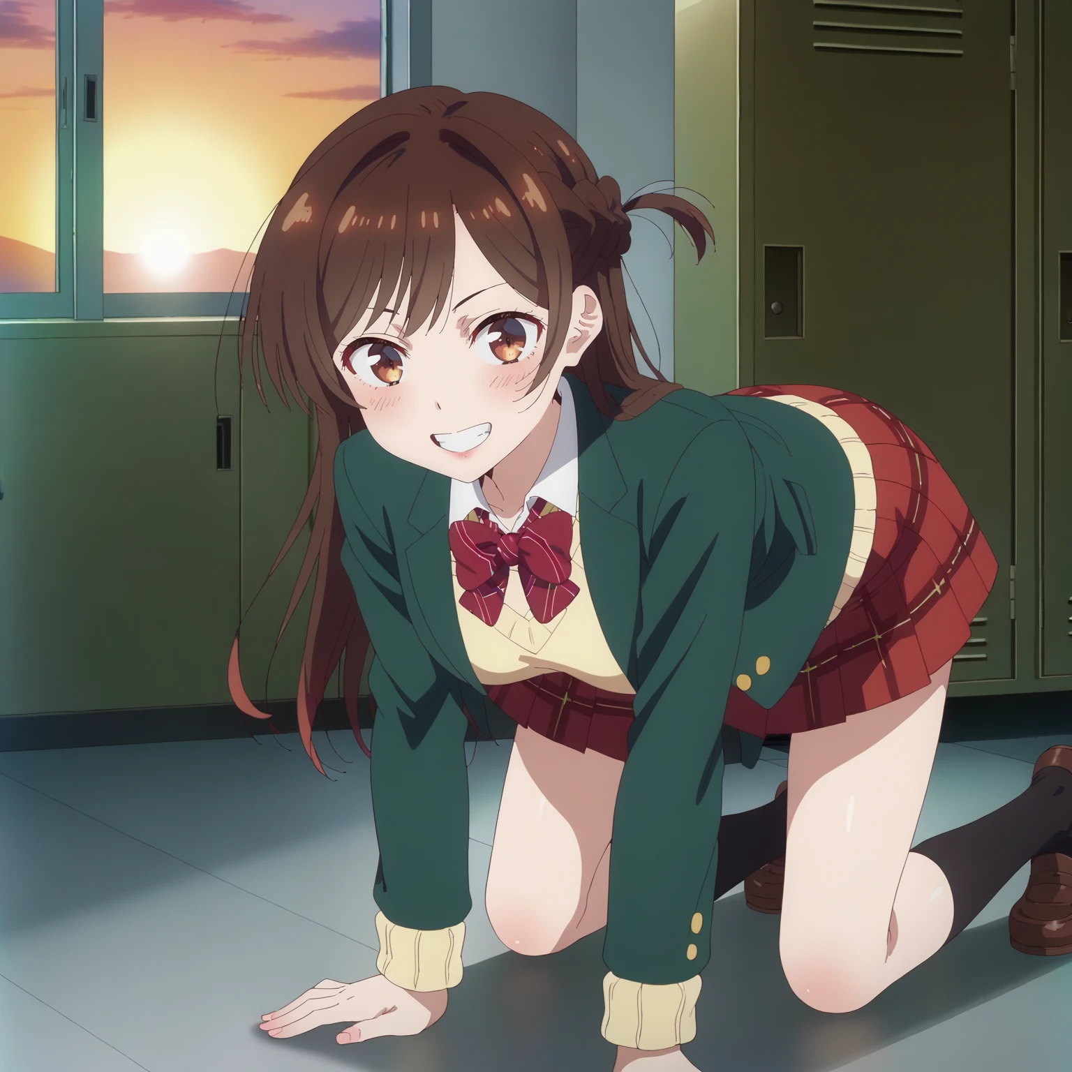 <lora:ChizuruIchinoseXLpony001>,
grin,half-closed eyes,looking at viewer,
solo,
ChizuruIchinose,1girl,brown hair,long hair,french braid,brown eyes,
school uniform,green jacket,yellow sweater,bowtie,
plaid skirt,red skirt,
black socks,
indoors,locker,window_,sunset,
all fours,