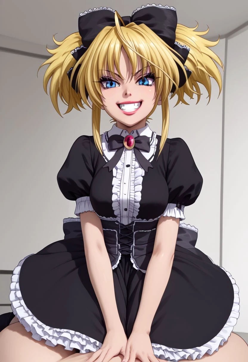 Masterpiece, best quality, high quality, highres, 4k, detailed face, detailed_eye_model, Expressiveh,  mittelt, blonde hair, blue eyes, narrowed eyes, messy hair, bangs, ahoge, short twintails, medium hair, sidelocks, fang, hair bow, gothic, medium breasts, ahoge, shortstack, grin, shiny lips, lipgloss, gyaru, bmbplora, long eyelashes, gothic dress, frilled dress, parasol,