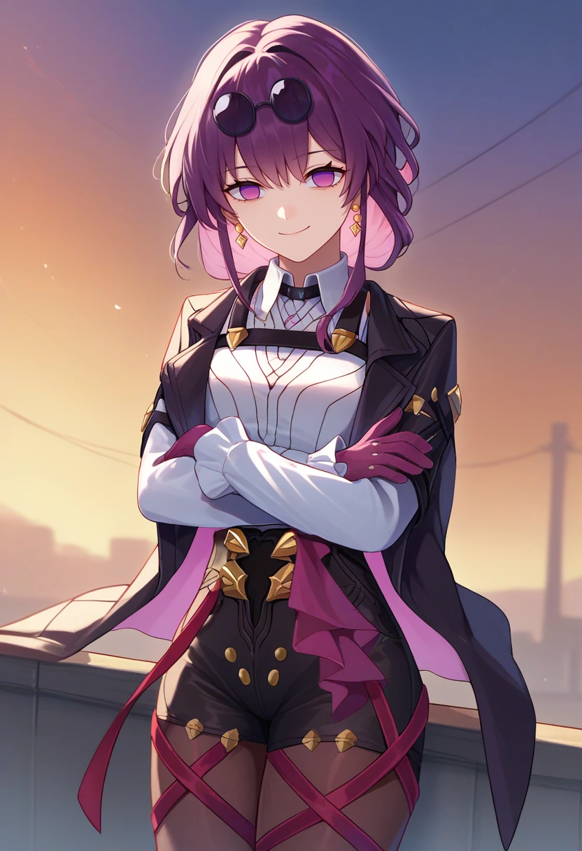 score_9, score_8_up, score_7_up, source_anime, solo, 1girl, kafkadef, smile, looking at viewer, crossed arms, sunglasses, pince-nez, eyewear on head, purple eyes, no pupils, black jacket, white shirt, collared shirt, long sleeves, chest harness, purple gloves, black shorts, high-waist shorts, pantyhose under shorts, earrings, outdoors <lora:hsr_kafka_ponyXL_1:1>