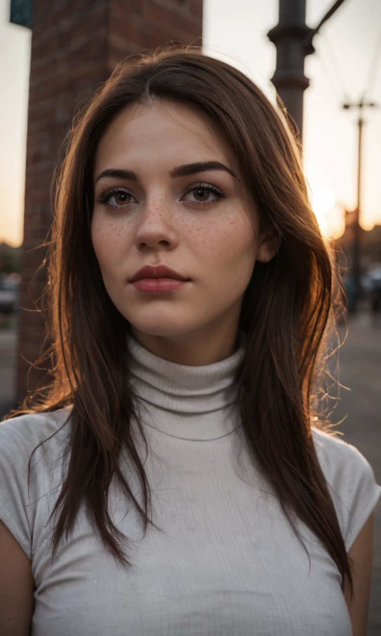 score_9, score_8_up, score_7_up, rating_safe, realistic, photo, dynamic angle, dramatic shadows, raw lighting, BREAK, 1girl, (18-years-old)1.1, innocent and alluring, long hair, alternative vibe, beautiful eyes, freckles, medium breasts, white turtleneck shirt, portrait, outdoor, detailed face