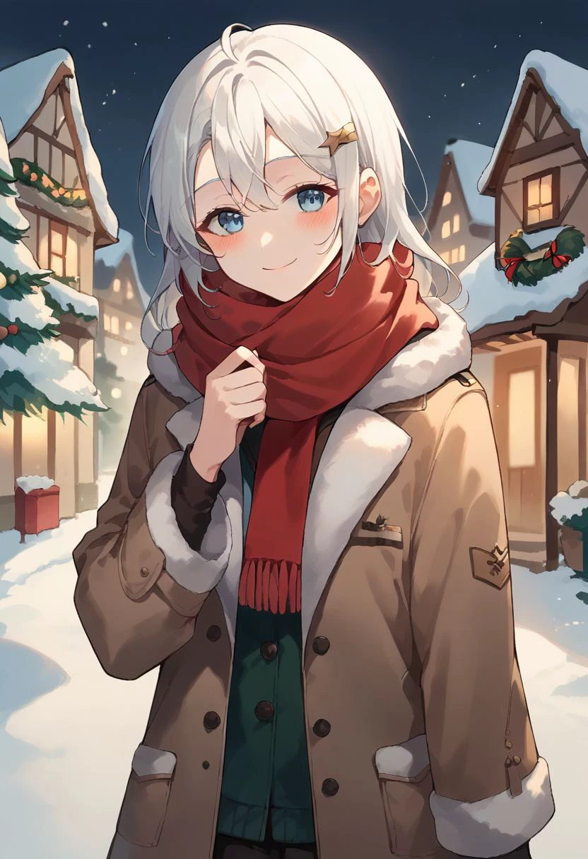 score_9, score_8_up, score_7_up, score_6_up, shimotsuki shiho, blue eyes, white hair, long hair,1girl, scarf, red scarf, blush, christmas, solo, smile, hair ornament, coat, hairclip, outdoors