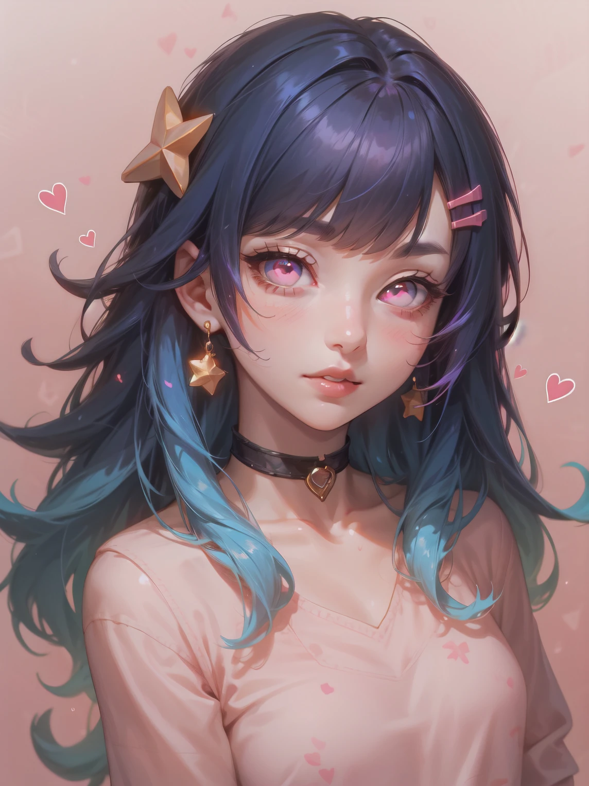 1girl, star (symbol), solo, hair ornament, long hair, heart, jewelry, star hair ornament, blush, looking at viewer, upper body, blue hair, parted lips, choker, multicolored eyes, collarbone, earrings, heart hair ornament, multicolored hair, collar, colorful shirt, symbol-shaped pupils, pink eyes, bangs, star-shaped pupils, pink background, rainbow, heart choker, multicolored clothes, colorful, hairclip