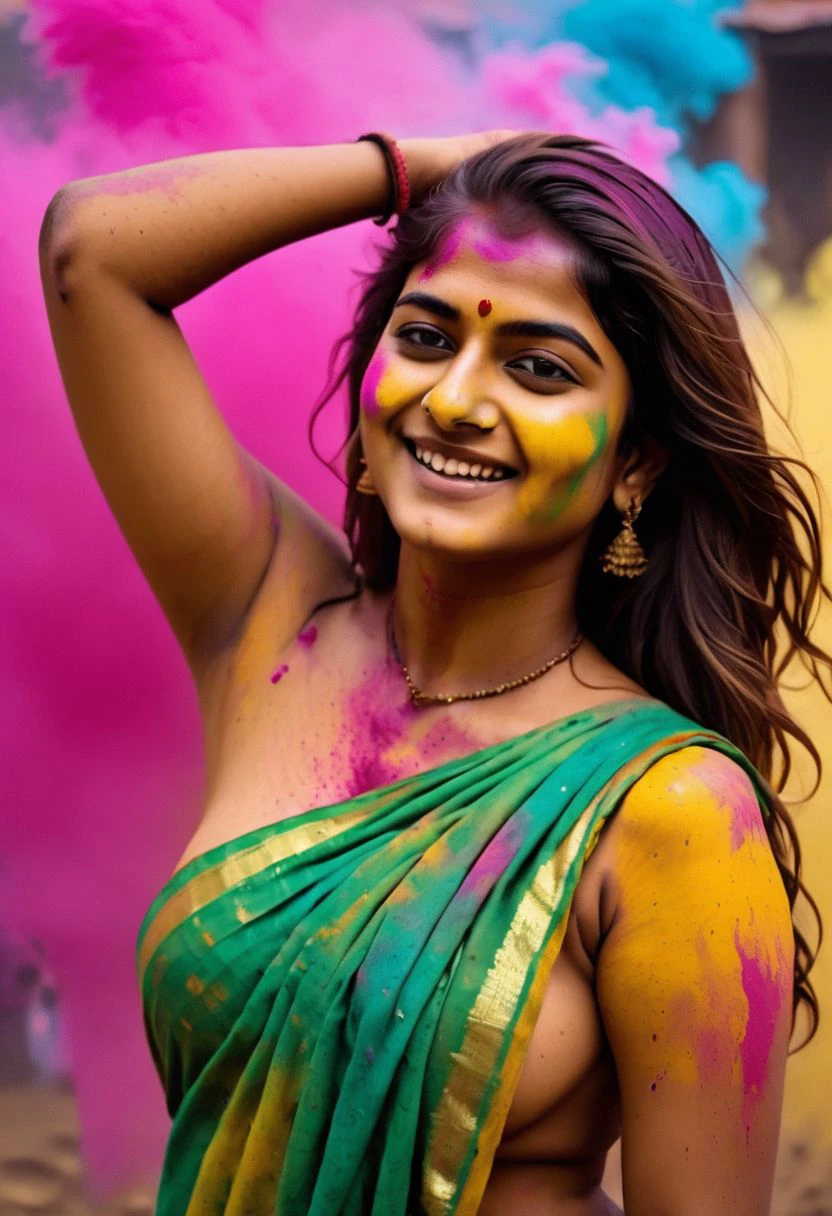 (RAW, Analog Color Photo, full body in frame, face in frame, night photography), Holi_Style_SDXL, Multicolor Smoke, Multicolor Paint, Multicolor Powder, (((Holi Festival in the Clouds with a big color explosion, colored powder on body, wet colors))), A Solo Bengali (Female in a Saree), 1Woman