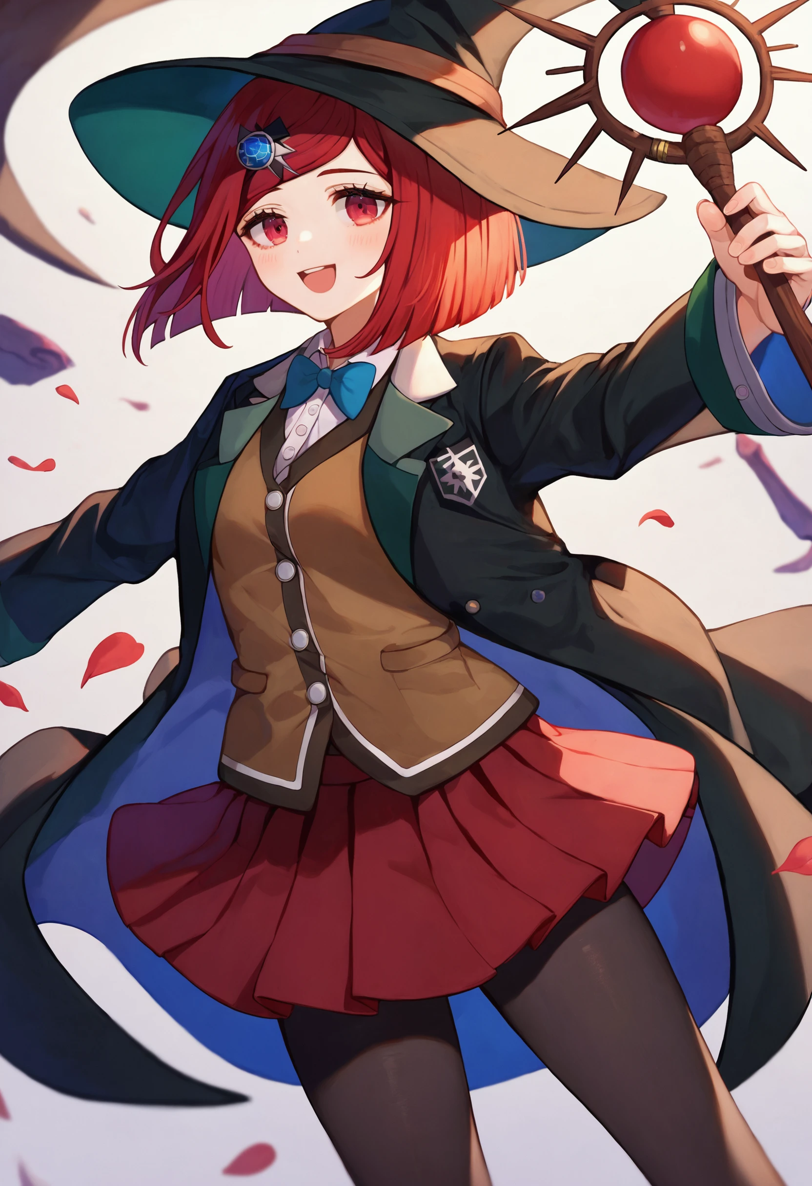 score_9_up score_8_up score_7_up, smile, holding, staff
BREAK
yumeno himiko default, 1girl, hair ornament, short hair, red hair, hairclip, red eyes, skirt, witch hat, pantyhose, jacket, hat, bangs, shirt, pleated skirt, red skirt, black jacket, open clothes, collared shirt, long sleeves, brown vest, open jacket, vest, black pantyhose, black headwear, dress shirt
 <lora:danganranpa_v3_pony_d16:1>