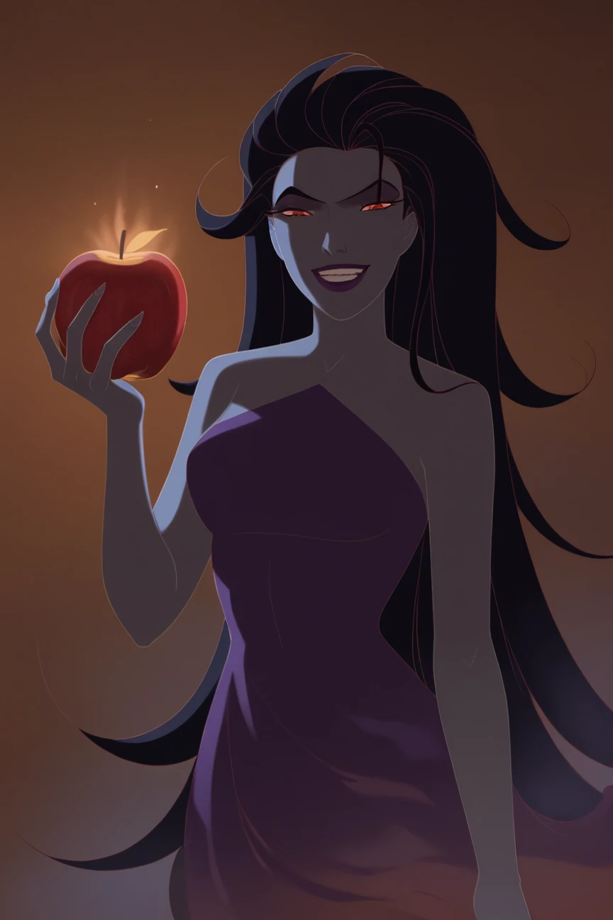 score_9, score_8_up, score_7_up, Eris, <lora:Eris_PDXL:0.9>,long hair, hair slicked back,  red eyes, black hair, makeup, purple lipstick, colored skin, grey skin, pale skin, grin, medium breasts, dress, standing, (golden apple, gold apple in hands, mythology, dark purple glowing fire hair, glowing apple), front view, solo, face focus, close up, dark foggy background, best quality, high quality