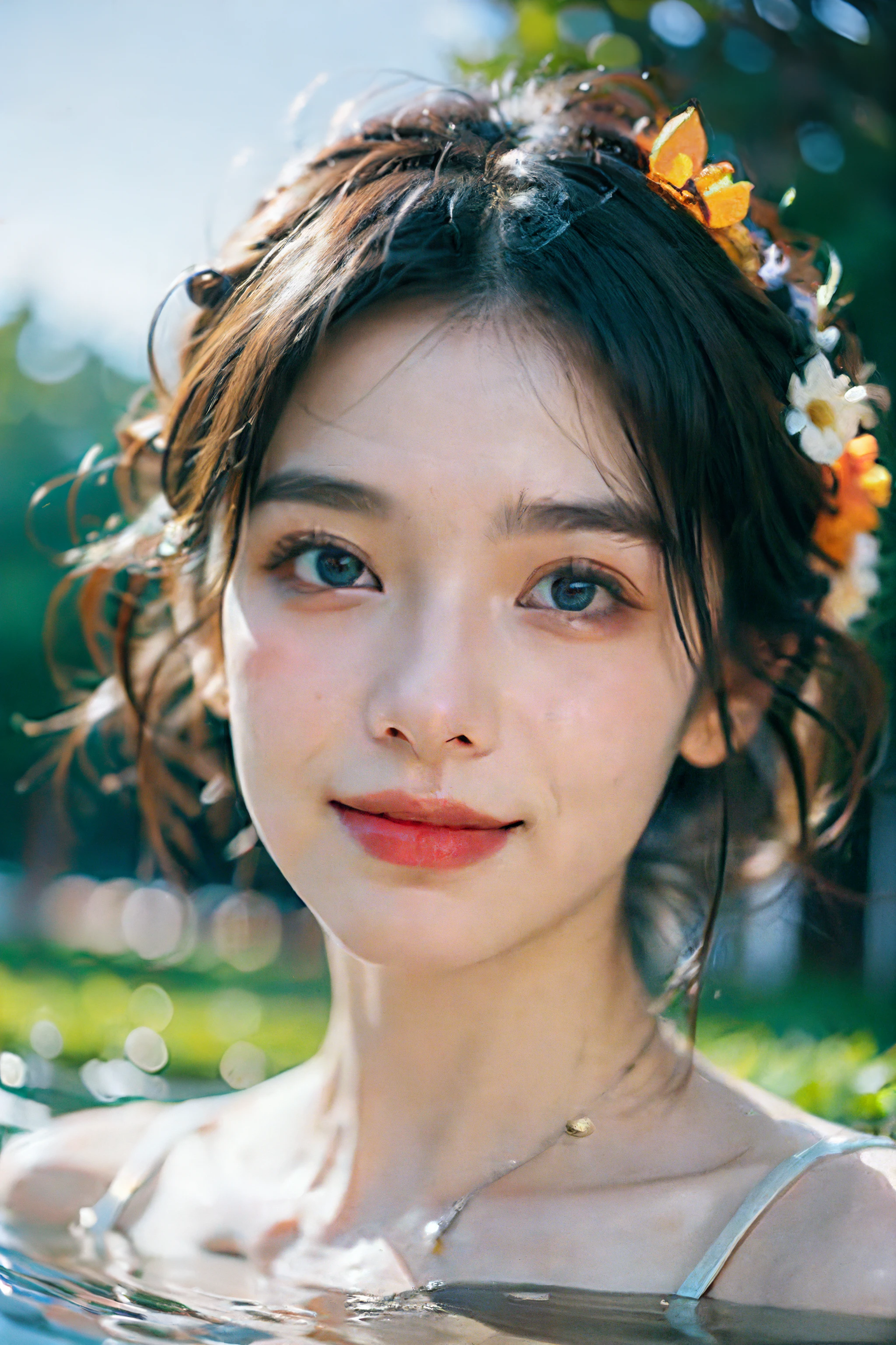 (1Girl:1.3),round face,flawless,clean,masterpiece,professional artwork,famous artwork,(perfect face:1.6),Detail Face,Highly detailed face and skin texture,Double eyelids,Detailed eyes,(beautiful eyes:1.4),Pure Beauty,(slim female body:1.3),(outdoor:1.2),goddess,fantasy,dreamlike,(rich:1.4),luxury,hair ornament,flower wreath,(smile:1.3),looking at viewer,onsen,little breasts,(solo:1.6),Earrings,Necklace,(Elegant hair:1.2),best qualityl.,<lora:chunguang-0.3-000016:0.6>,