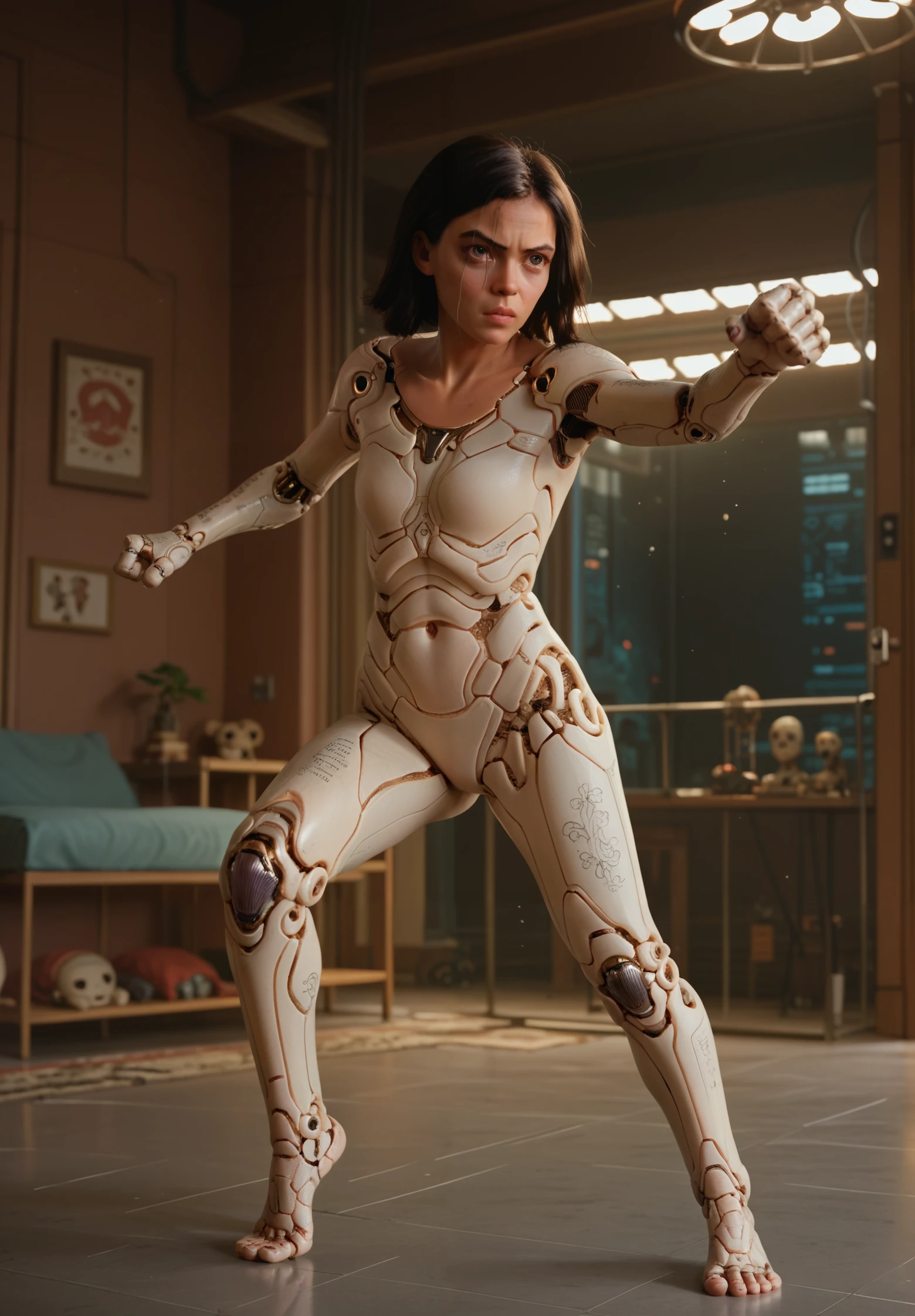 <lora:Alita:0.7> 1 girl, solo, alita, cyborg, doll body, standing, cyberpunk background, indoors, fight pose, frontal view, one knee up, looking at the viewer,
sharp focus, score_9, score_8_up, score_7_up, score_6_up, score_5_up, score_4_up