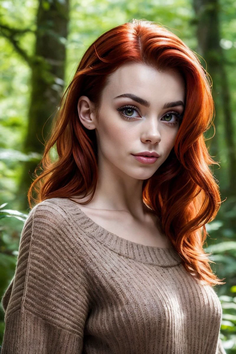 portrait of S442_ArrielleEdwards,a gorgeous woman,in a (forest:1.1),wearing a (sweater),(4k, RAW photo, best quality, 50mm, depth of field, ultra high res:1.1),(intricate, photorealistic, cinematic-shot, masterpiece, ultra-detailed:1.1),