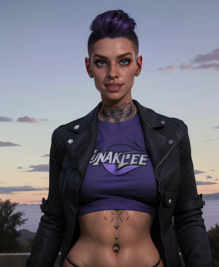 karleeb4b,blue eyes,short hair,undercut,purple hair,piercing,
black jacket,long sleeves,sweater,midriff,tattoo,
light smile,
outdoors,looking at viewer,evening,
(insanely detailed,  masterpiece, best quality),solo,<lora:KarleeB4B:0.8>,