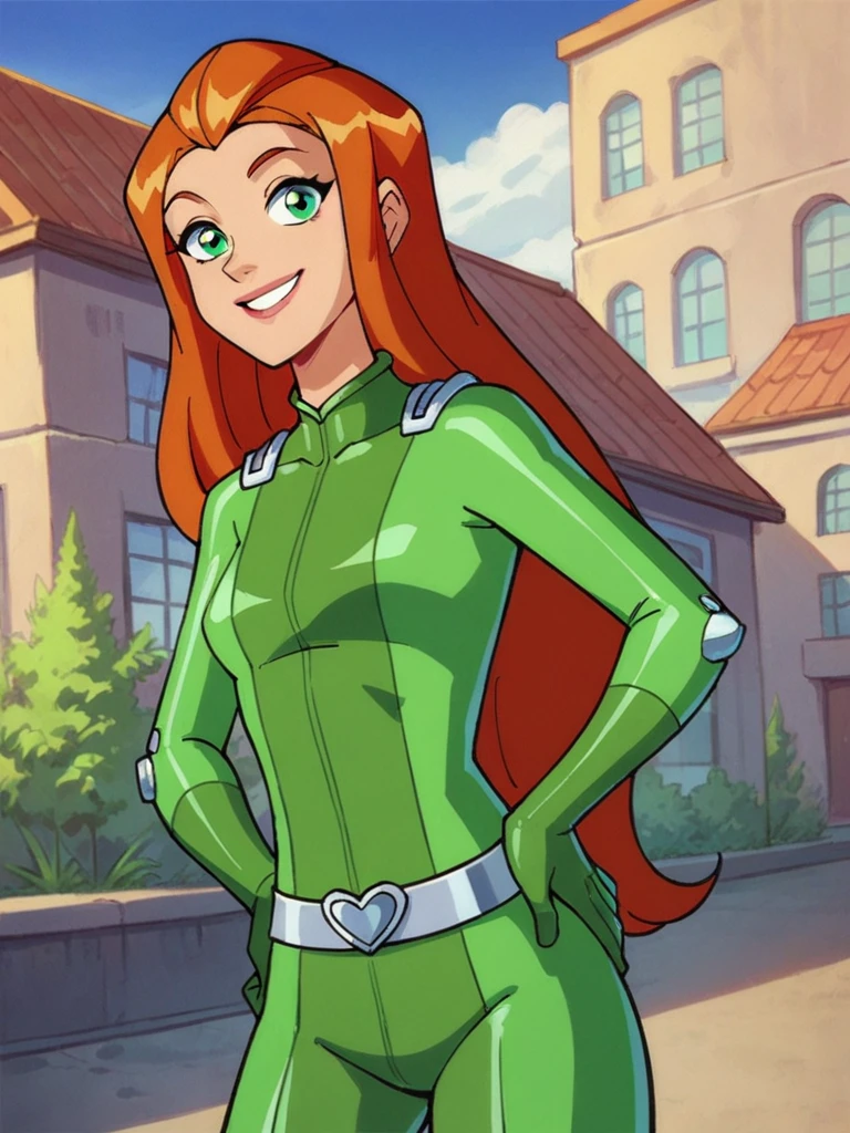 score_9, score_8_up, score_7_up, 
1girl, sam ts, long hair, orange hair, green eyes, 

standing, hands on hips, 
green bodysuit, 

smile, looking at viewer, outdoors, solo,