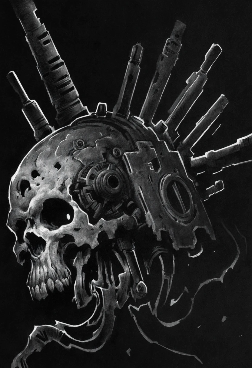 A black and white drawing of a servo-skull. The servo-skull is a skull with a mechanical body. It has a single glowing eye and a mouth that is covered by a metal plate. The servo-skull is surrounded by a dark background. By Thomas Elliott.
monochromatic, ink, sketch, line art, crosshatching, extremely detailed, textured, rough, gritty, grimdark, hand drawn, fine lines, concept art,
 <lora:Servo-Skull:1>