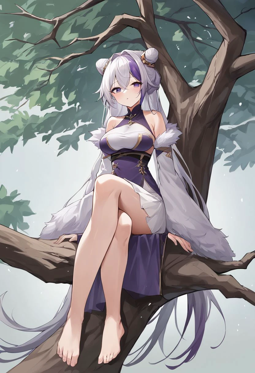 score_9, score_8_up, score_7_up, source_anime, BREAK, ying swei (azur lane), (Snowy Pine's Warmth), 1girl, solo, long hair, breasts, looking at viewer, hair ornament, dress, bare shoulders, sitting, very long hair, purple eyes, full body, purple hair, white hair, multicolored hair, barefoot, wide sleeves, hair bun, white dress, feet, two-tone hair, official alternate costume, tree, streaked hair, fur trim, clothing cutout, purple dress, branch, absurdly long hair, cone hair bun, fur-trimmed sleeves, split-color hair, in tree, sitting in tree