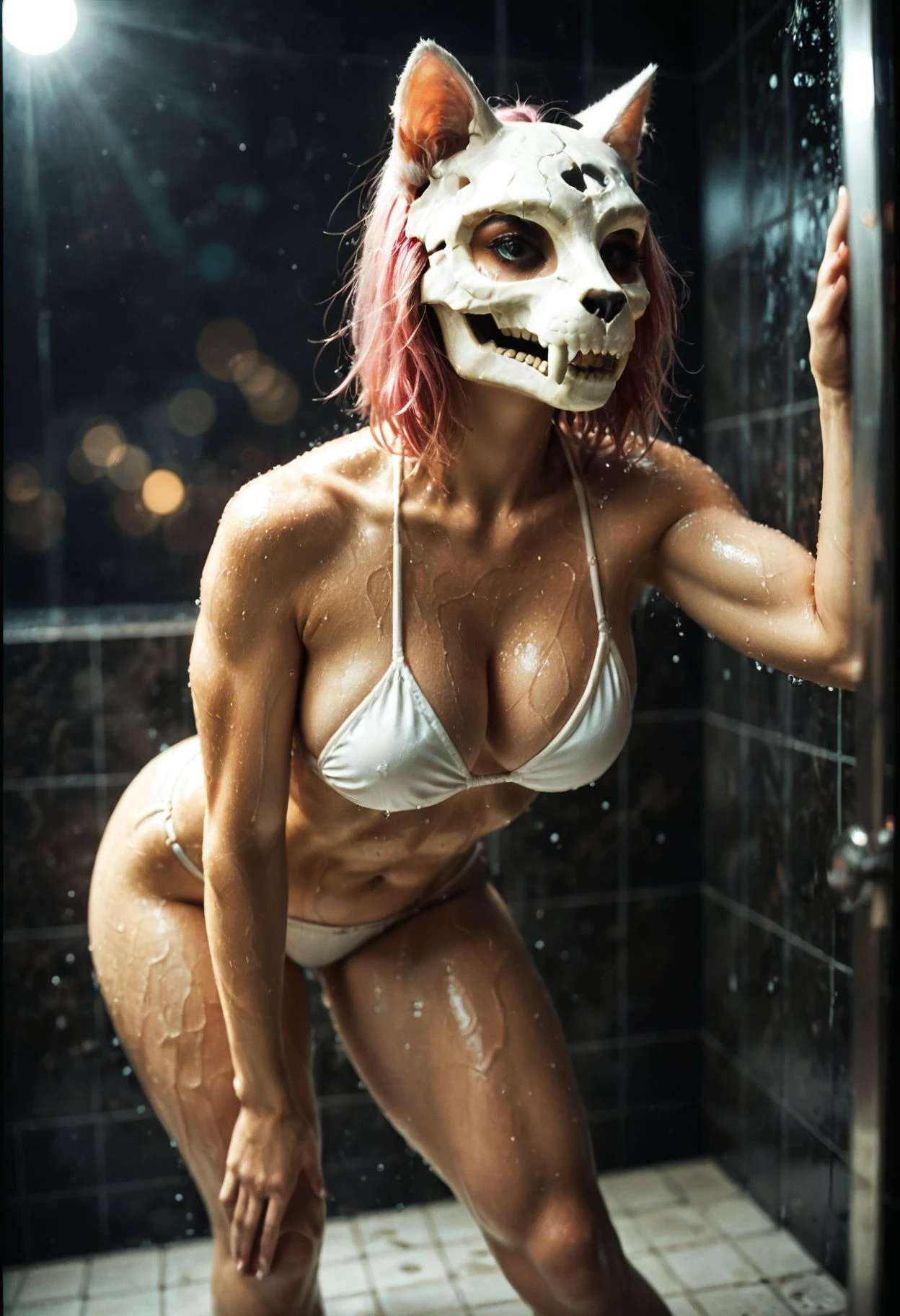 cinematic film still analog film photo 1girl, fit body, abs, thick thighs, (short pink hair:1.1), white bikini, stiletto heels, (white cat skull on head:1.2), ceramic mask, long canines, pale skin, flexibe, dynamic pose,  shower (simple black background:1.4), inside, wet,  (arched back, leaning forward:1.2),  close shot, (dutch angle:1.1),  face to camera, . shallow depth of field, vignette, highly detailed, high budget, bokeh, cinemascope, moody, epic, gorgeous, film grain, grainy