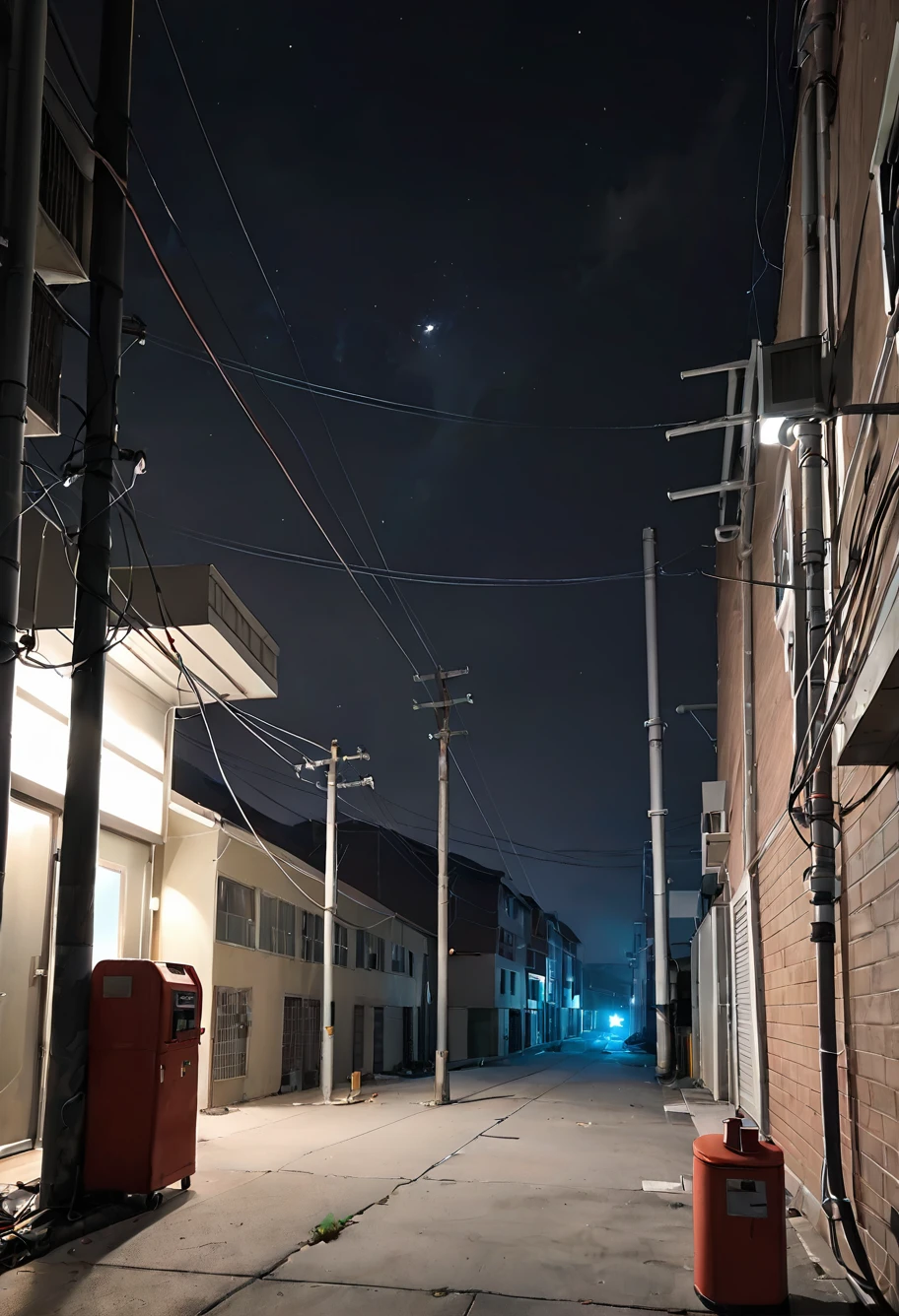 score_9,score_8_up,score_7_up,8k,hd,,ruanyi0675,no humans,power lines,industrial pipe,air conditioner,alley,brick wall,cable,crosswalk,utility pole,vanishing point,night,dark,midd night,dim lighting,moonlight,<lora:0675 Messy urban village_v1_pony:1>