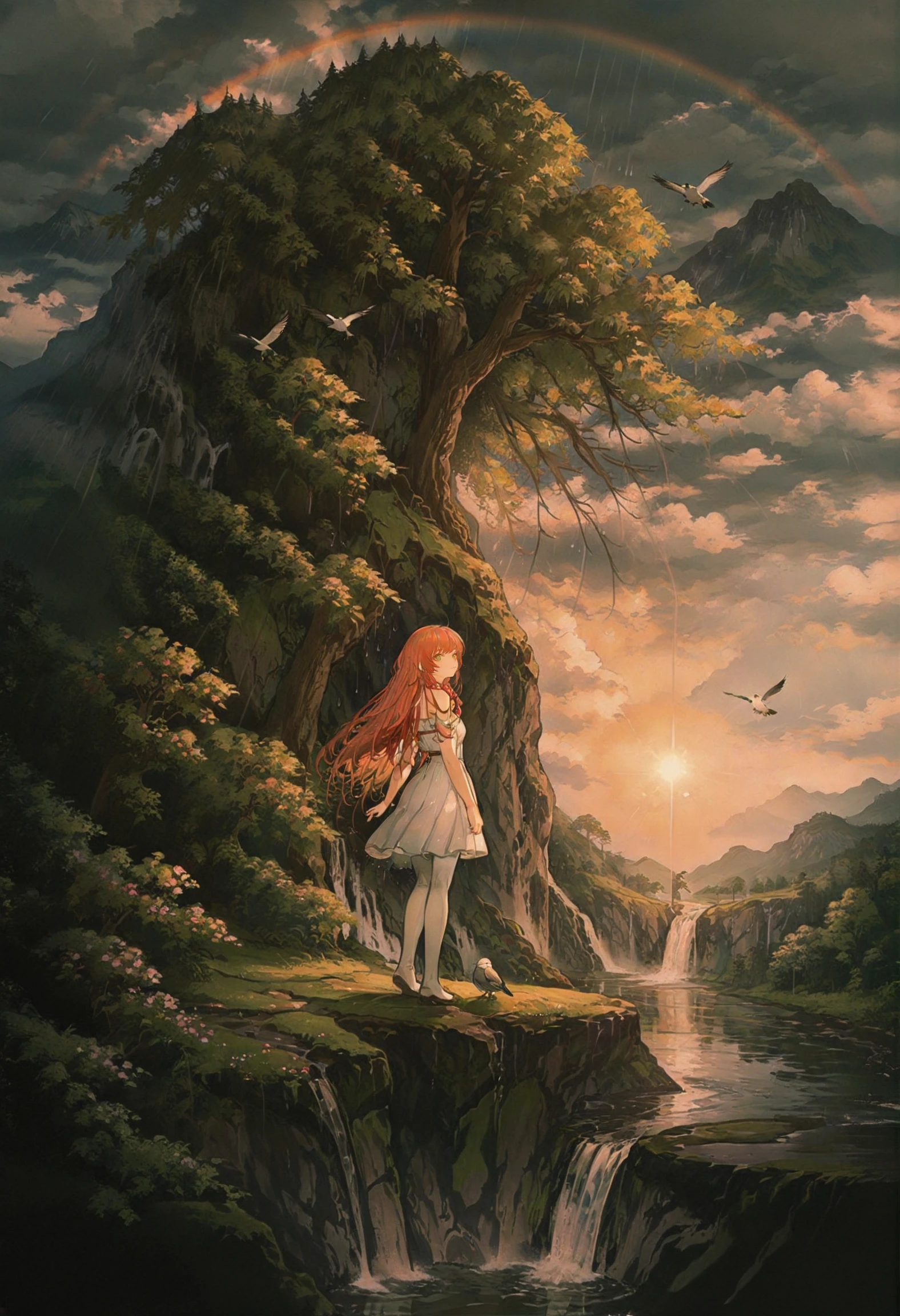 1girl, 
solo, white pantyhose, red hair, sister, waterfall, rainbow, scenery, sky, cloud, cloudy sky, rain, braid, bird, flower, nature, wide shot, outdoors, reflection, on top of pole, sunlight, siblings, green eyes, water, tree, dress, long hair, grass, looking to the side, bare shoulders, sun, fantasy, sitting, pantyhose, 
masterpiece, best quality
 <lora:johnkafkaXLlokr4f-000179:0.95>
