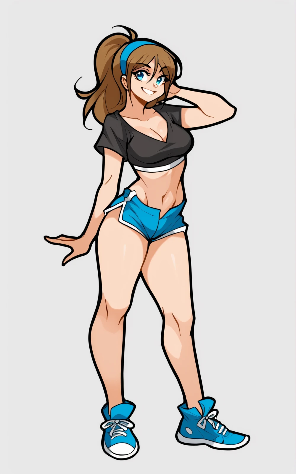 score_9, score_8_up, score_7_up,((best quality)), absurdres,((full body)),  <lora:3d-2d:0.8>,  <lora:ErikaPXL:0.8>,ErikaPXL,brown hair, ponytail, cleavage, shorts,blue shorts, navel, midriff, crop top, hairband, shirt, black shirt, black crop top, short shorts, blue hairband, shoes, blue shoes,white background,smile,standing