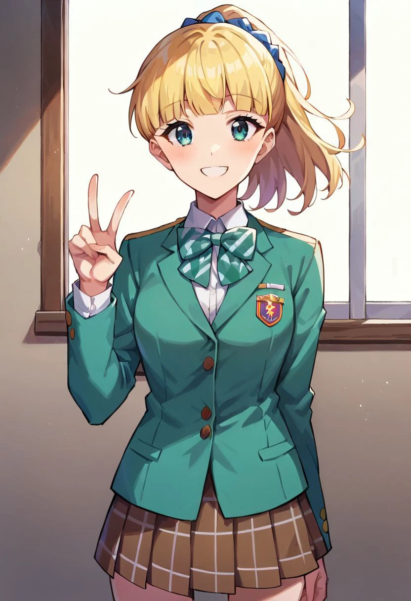 score_9, score_8_up, score_7_up, source_safe, source_anime, teresa wagner, 1girl, solo, blonde hair, bangs, ponytail, blue scrunchie, school uniform, green jacket, red bowtie, striped bowtie, brown skirt, mini skirt, checkered mini skirt, looking at viewer, smile, v, cowboy shot, school, indoors