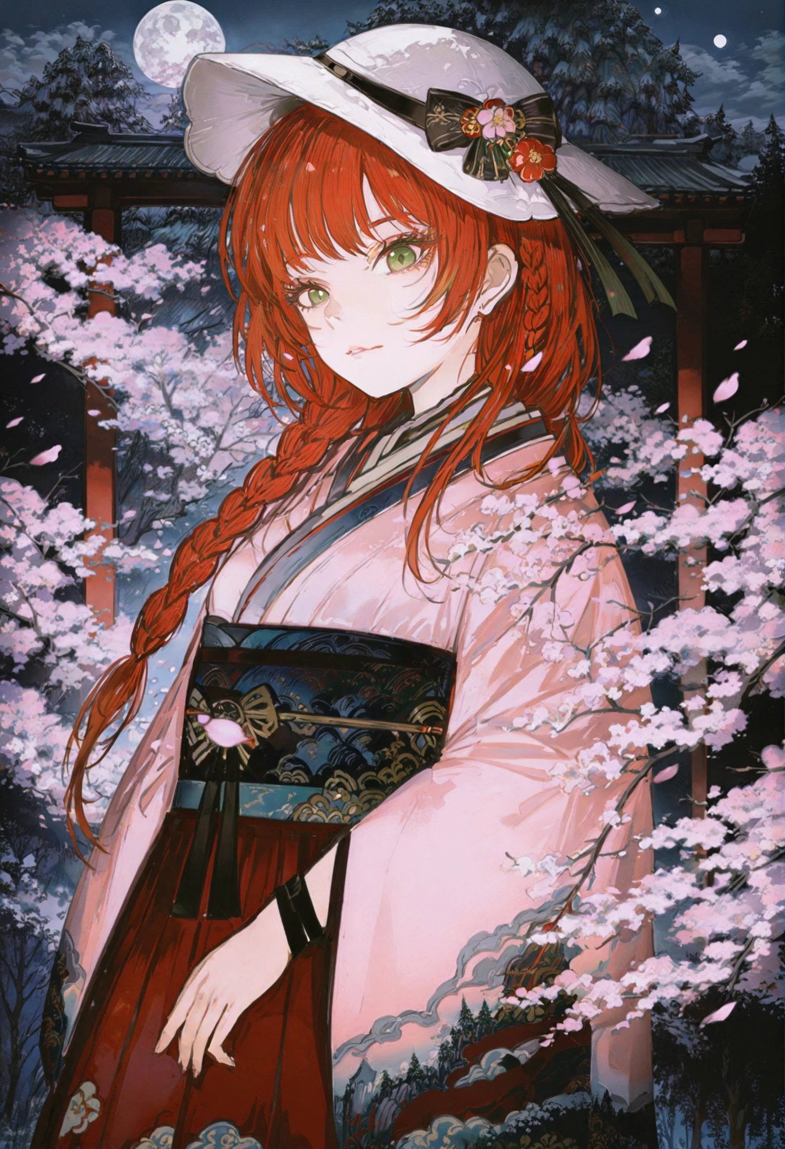 1girl,
solo, red hair, 1011ta, cenery, cloud, sky, outdoors, japanese clothes, korean clothes, night sky, green eyes, cloudy sky, full moon, tree, hanbok, cherry blossoms, upper body, petals, braid, black sash, chihaya \(clothing\), white headwear, flower, wind, flower ornament, jidaigeki, night, long hair, moon, sash, single braid, holding,
masterpiece, best quality
<lora:johnkafkaXLlokr4f-000179:0.95>