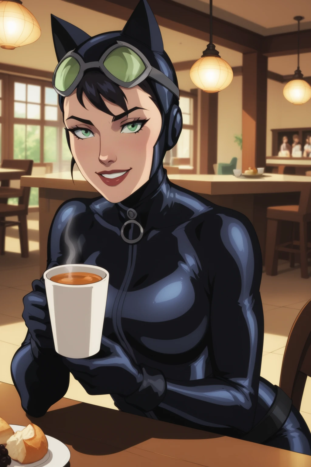 score_9, score_8_up, score_7_up, masterpiece, high quality, BREAK
 <lora:Catwoman HushPonyLoRA:0.8>ctwmnhsh, bodysuit, helmet, animal ears, goggles on head, gloves, belt, sitting in a cafe holding a cup of tea, smile