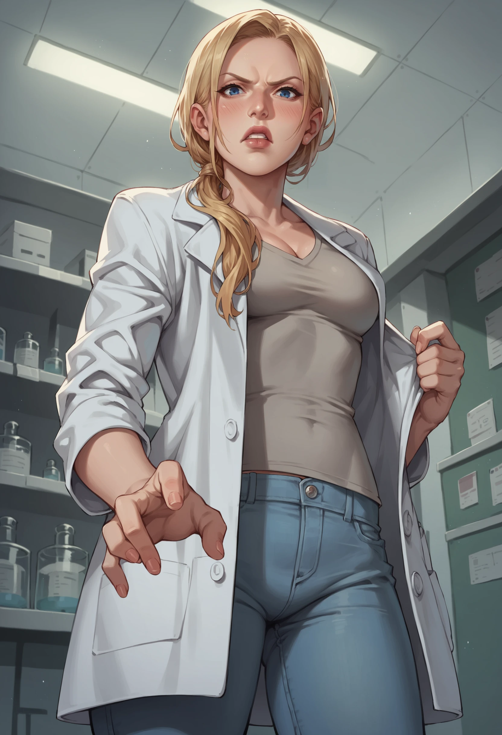 score_9, score_8_up, score_8, source_anime, 1girl, <lora:AnnetteBirkin:0.7> solo, medium breasts, long hair, hair over shoulder, blonde hair, blue eyes, lips, labcoat, open clothes, jeans, blush, angry, looking at viewer, standing, view from below,
laboratory background,