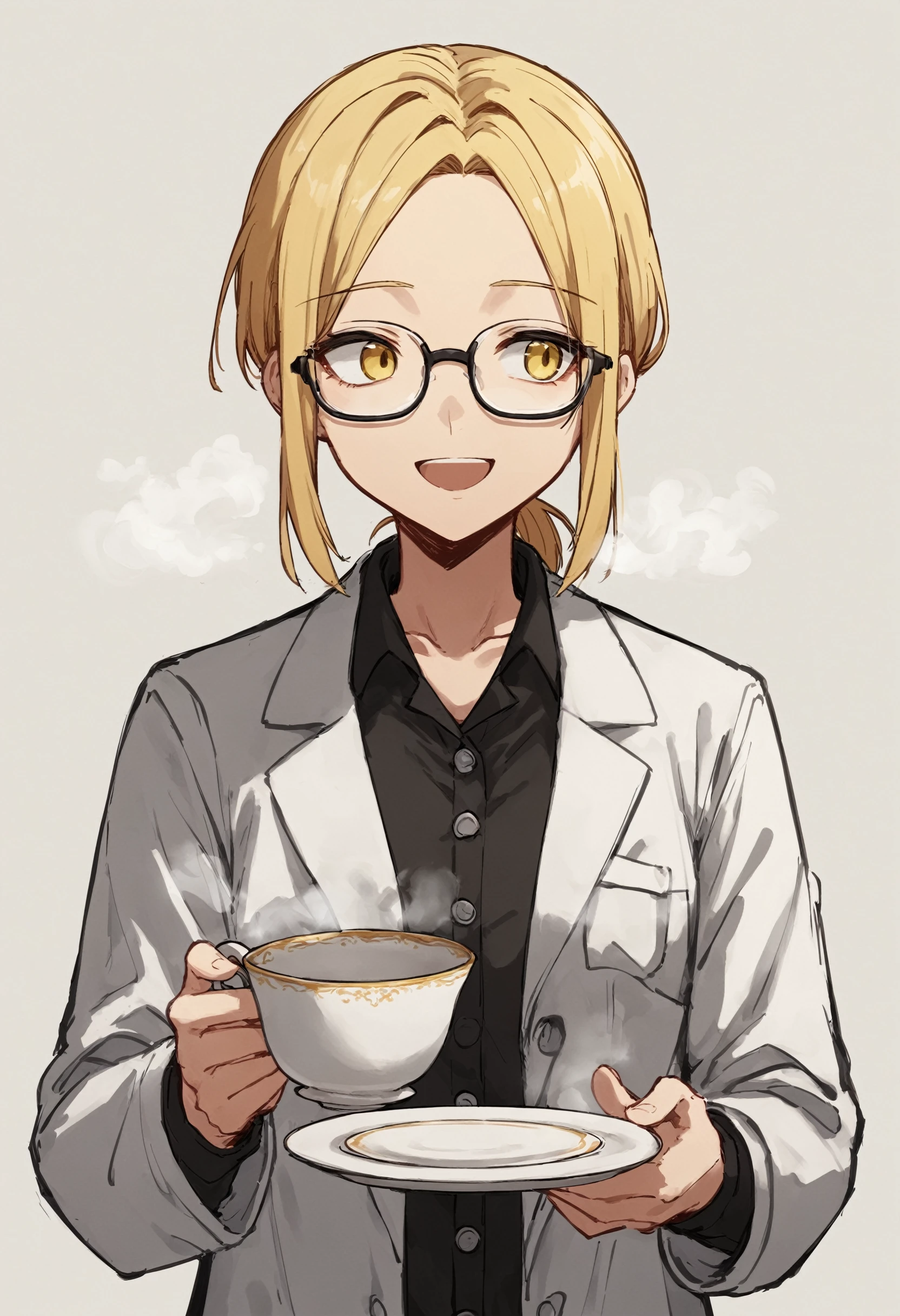 score_9, score_8_up, score_7_up, BREAK
1girl, upper body, saucer, smile, parted bangs, buttons, simple background, blonde hair, shirt, holding, looking ahead, 10 times quiz, collarbone, muted color, holding cup, holding clipboard, low ponytail, white background, glasses, medium hair, yellow eyes, teacup, steam, black shirt, collared shirt, teapot, holding teapot, short ponytail, cup, sketch, open mouth, lab coat